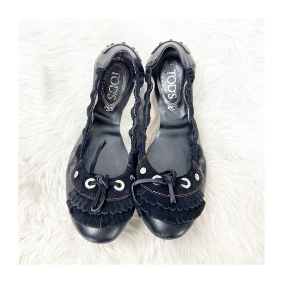 Tod's Size 9 Black Women's Leather Fringe Round Toe Ballet Driving Flat Shoes - Picture 8 of 13